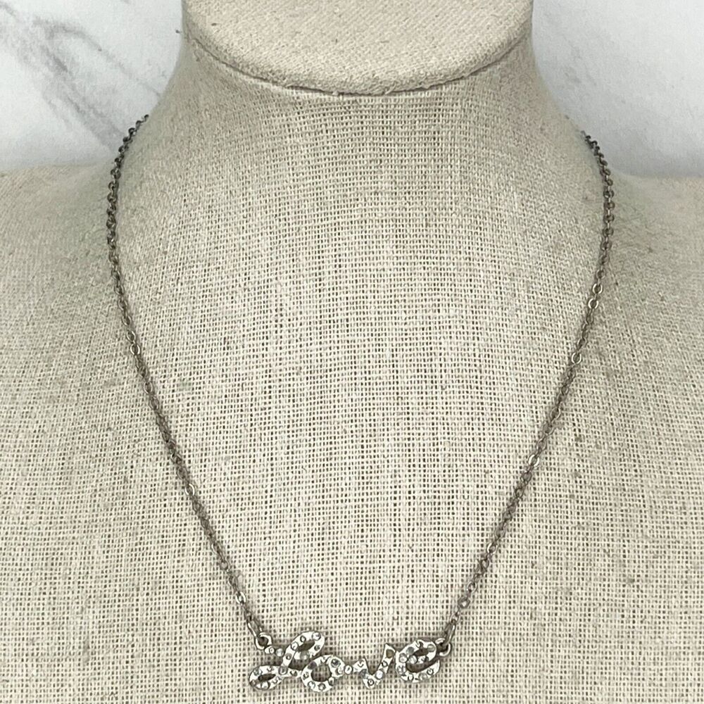 Rhinestone Studded Love Silver Tone Chain Link Necklace